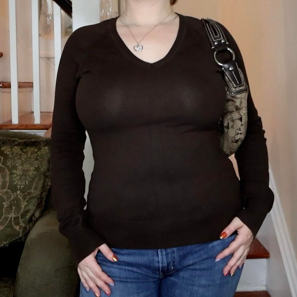 Gap Brown Lightweight V-Neck Long Sleeve Sweater Sz M Dark Academia Y2K Cotton